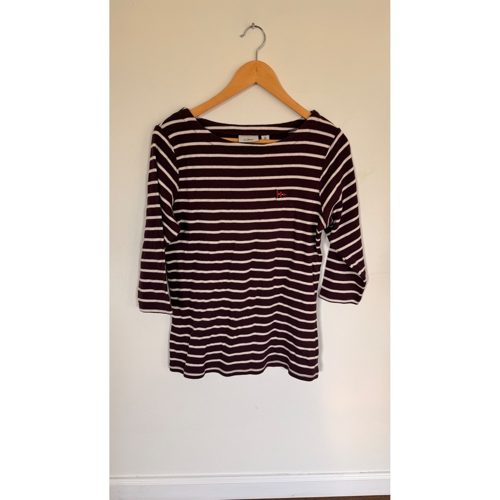LL Bean Y2K Burgundy Striped Boatneck Top 3/4 Sleeve Cotton Ribbed M Preppy